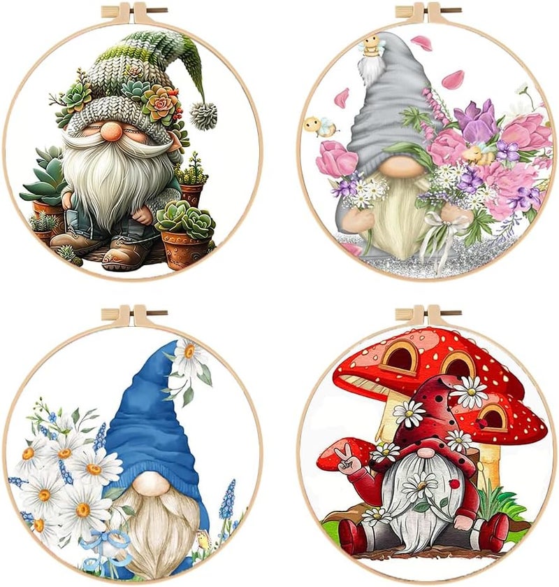 Tiwabb 4 Pack Stamped Cross Stitch Kits for Adults with Frame - Gnome Flower Embroidery Kits for Beginners Adults,11 CT Patterns Dimensions Counted Cross Stitch Kits Arts Craft Kits 7.8 x 7.8 inch - Image 1